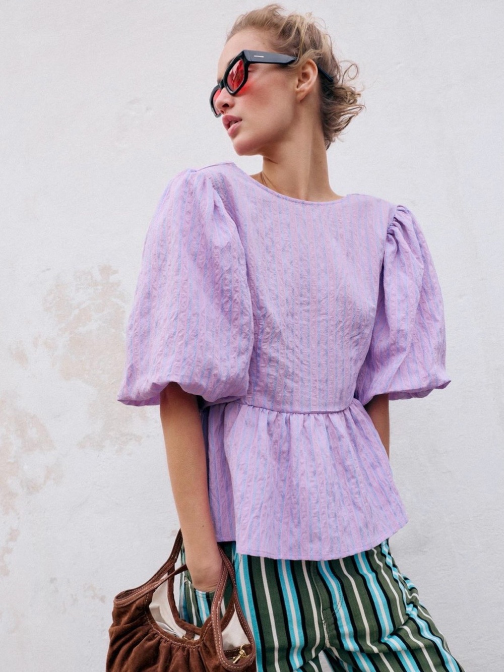 Zara Lilac Striped Puff-Sleeve Peplum Blouse - Picture 3 of 9